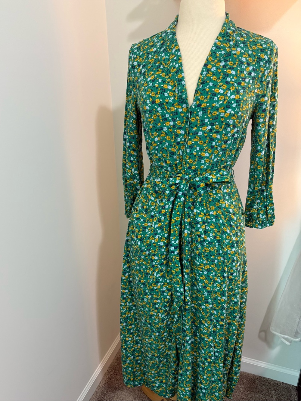 Talbots Green and Yellow Floral Dress with Tie Belt
